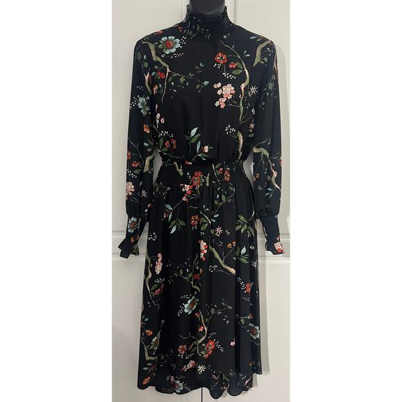 Nanette Lepore Smocked High Neck Dress in Black with Floral Print Size 2 - Picture 1 of 13